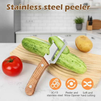 ❤️‍🔥Wooden-Handled Stainless Steel Sharp Peeler with Built-In Bottle Opener
