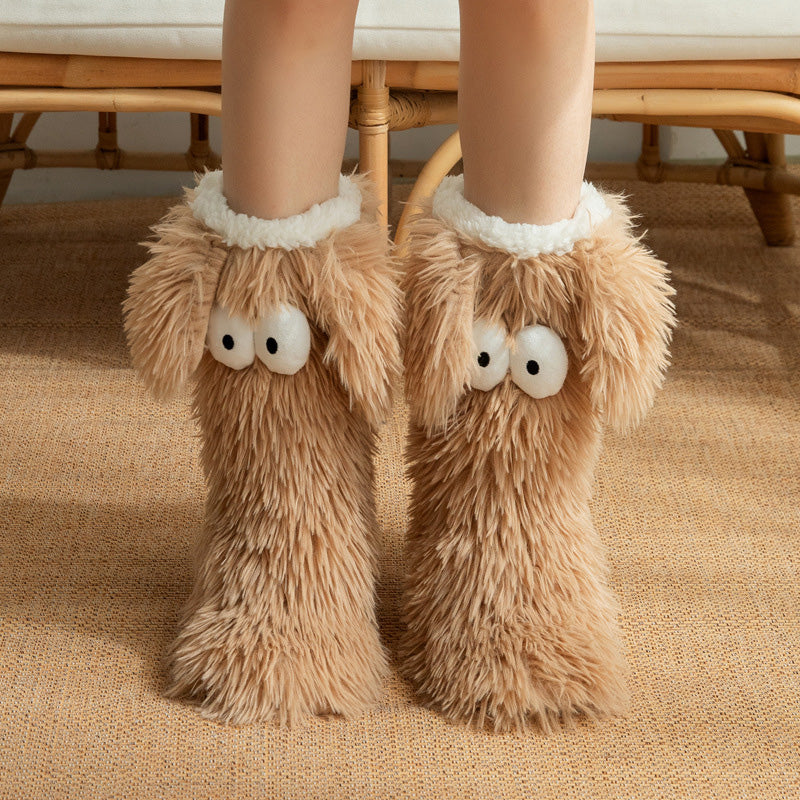 Women's Plush Slippers Socks Floor Socks Winter Home Indoor Thickened Fleece-Lined Anti-Slip Adult Women's Plush Snow Socks Shoe Covers