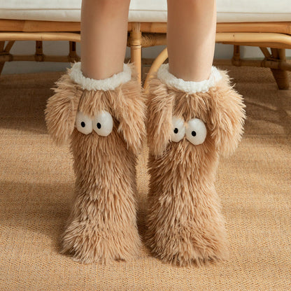 Women's Plush Slippers Socks Floor Socks Winter Home Indoor Thickened Fleece-Lined Anti-Slip Adult Women's Plush Snow Socks Shoe Covers
