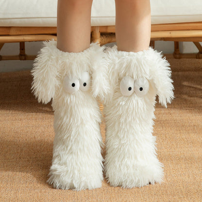 Women's Plush Slippers Socks Floor Socks Winter Home Indoor Thickened Fleece-Lined Anti-Slip Adult Women's Plush Snow Socks Shoe Covers