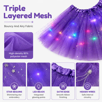 LED Light Up Sequin Tutu Skirt Star Mesh Princess Skirt for Girls and Adults