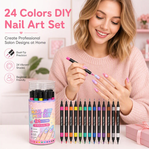 🎁24 Shades Dual-Tip Nail Art Marker Kit, Quick-Dry Painting Pens For DIY Nail Designs💅