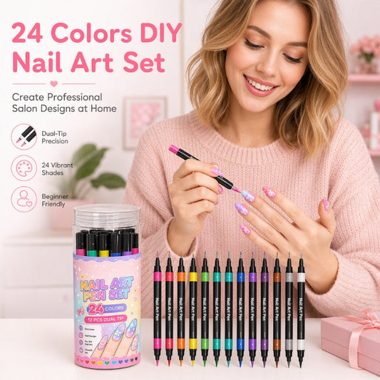 🎁24 Shades Dual-Tip Nail Art Marker Kit, Quick-Dry Painting Pens For DIY Nail Designs💅