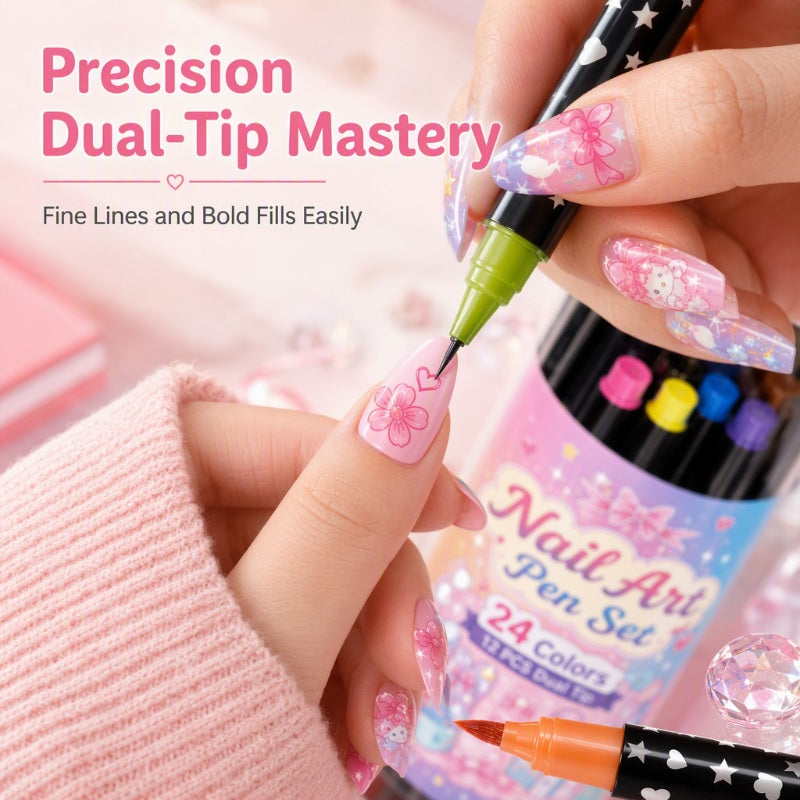 🎁24 Shades Dual-Tip Nail Art Marker Kit, Quick-Dry Painting Pens For DIY Nail Designs💅