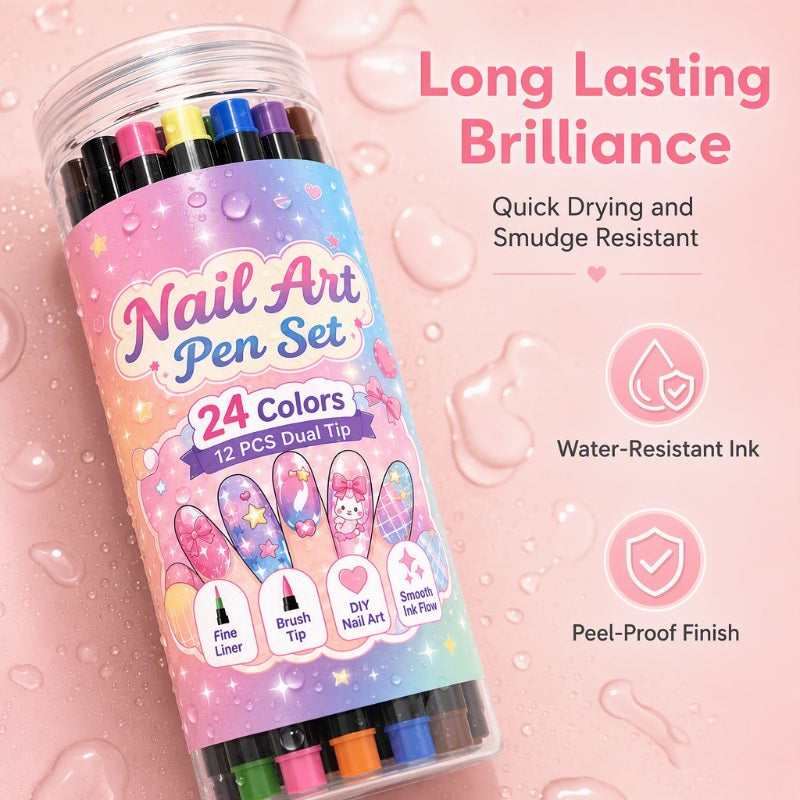 🎁24 Shades Dual-Tip Nail Art Marker Kit, Quick-Dry Painting Pens For DIY Nail Designs💅