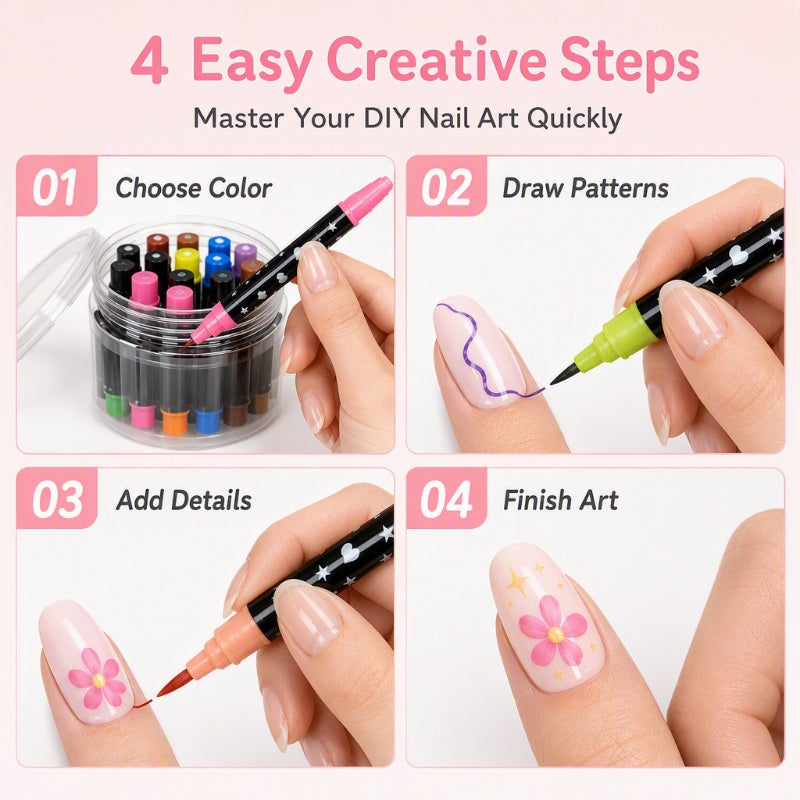 🎁24 Shades Dual-Tip Nail Art Marker Kit, Quick-Dry Painting Pens For DIY Nail Designs💅